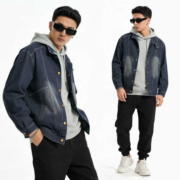 Retro Washed Vintage Stand Up Collar Denim Jacket, Street Loose Casual Jacket Trend_mkmklike.com