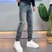 Trendy Men's Slim Fit Straight Leg Jeans High End European American Style Stretchy Casual Pants mid Waist Zipper Fly Blue_mkmklike.com