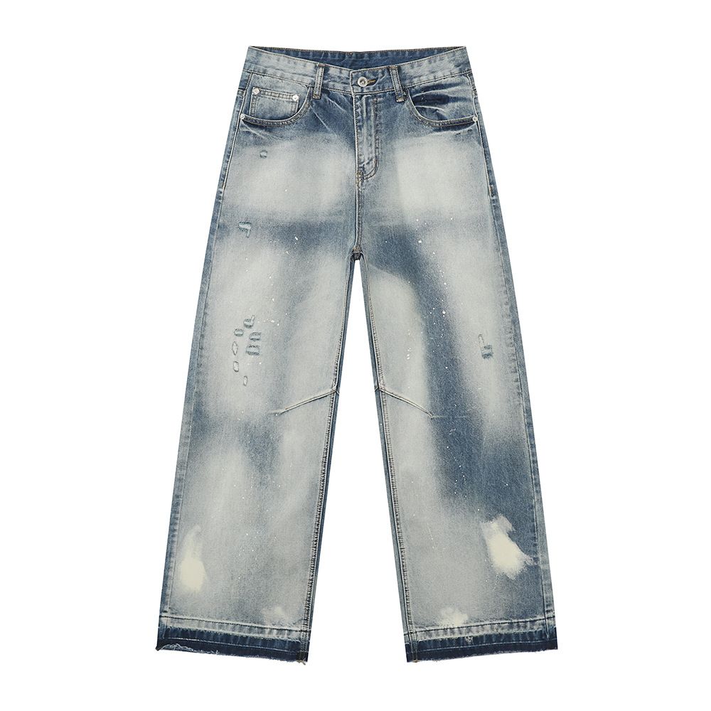 Men's Clothing Niche High Street Vibe Heavy Ink Splashing White Personality Raw Edge Distressed Jeans_mkmklike.com