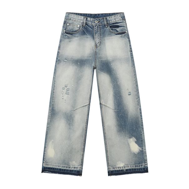 Men's Clothing Niche High Street Vibe Heavy Ink Splashing White Personality Raw Edge Distressed Jeans_mkmklike.com