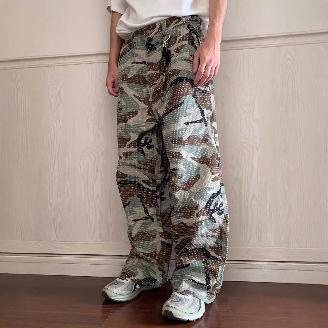 Men's Clothing Trendy Street Camouflage Overalls For Men And Women, Loose Silhouette, Piled Casual Denim Trousers, Worn And Pilled Straight Pants_mkmklike.com