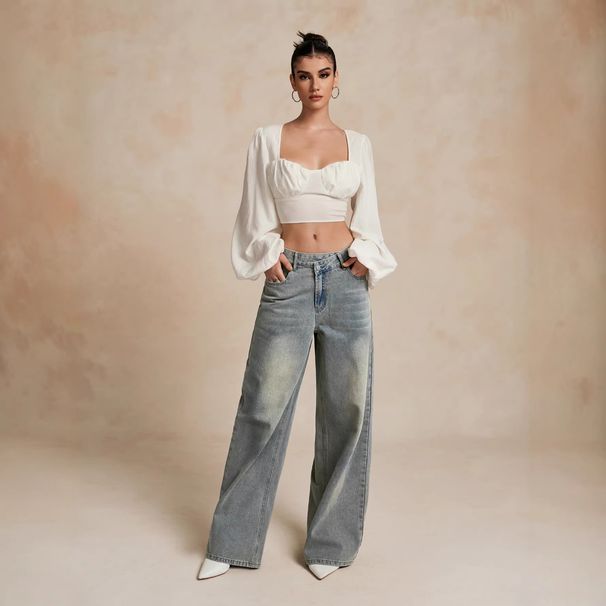 Women's Clothing Retro Distressed Denim Wide Leg Trousers Mid-Rise Light Blue Vintage Flare Jeans – Relaxed Wide-Leg Distressed Denim Pants For Women_mkmklike.com