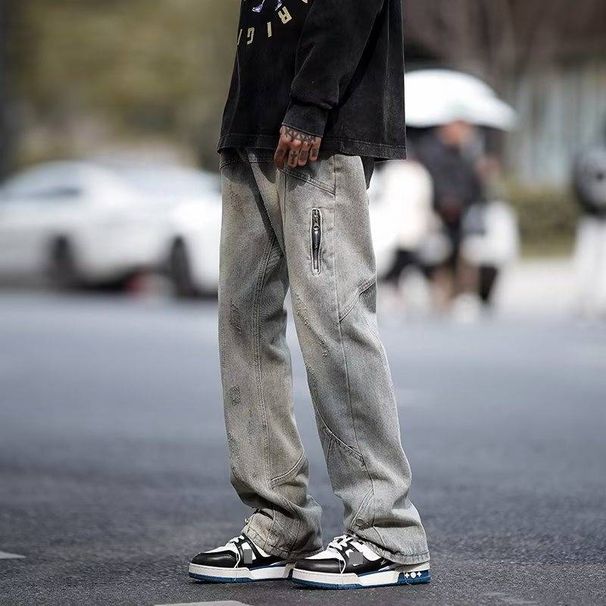 Men's Relaxed Fit High Street Washed Jeans With Zip Details | Straight Leg Casual Denim Pants For Teens & Young Adults (Khaki, S-3xl)_mkmklike.com