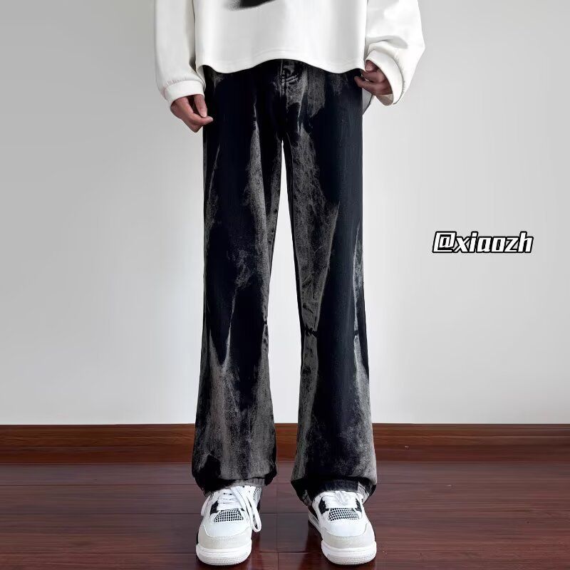 Men's Washed Tie Dye Jeans Loose Wide Leg Pants Retro High Street Style Spring Autumn Casual Vibe_mkmklike.com