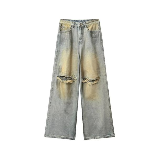 Distressed Washed Wide-Leg Jeans For Men & Women - High Waist Straight Denim Pants With Button Fly & Raw Hem_mkmklike.com