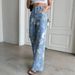 Retro Floral Print Jeans – High-Waisted Wide Leg (Blue, Cotton Blend, Boho Chic S-XL, Washed & Non-Stretch For Authentic Vintage Feel)_mkmklike.com