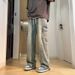 Trendy Men's Summer Jeans Hip Hop High Street Style Personalized Letter Print Midweight Cotton Wide Leg Trousers Black Blue_mkmklike.com