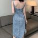 ELLE 2024 Age-Reducing Women's Retro Hong Kong Style Top Denim Strap Set Waist-Cinching Mid-Length Camisole Dress_mkmklike.com