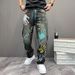 Men's Streetwear Denim Jeans High-Fashion Straight Leg With Vintage Wash & Graphic Print (28-40) – Retro Black-Grey Cotton Pants For Urban Styling_mkmklike.com