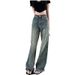 Vintage-style, Long-length, Wide-leg Jeans For Women, Spring/summer, Washed, High-waisted, Straight-cut, Loose-fitting,_mkmklike.com