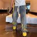 Men's Clothing Jeans Hand Painted Inkjet Printing Fashionable All Match Washed Distressed Straight Pants_mkmklike.com