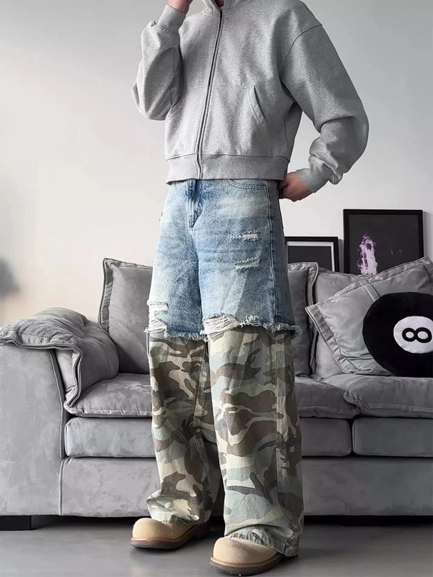 Men's Camouflage Faux Suede Patchwork Jeans High Street Style Loose Straight Leg Vintage Cool Sophisticated Two-Piece Pants_mkmklike.com