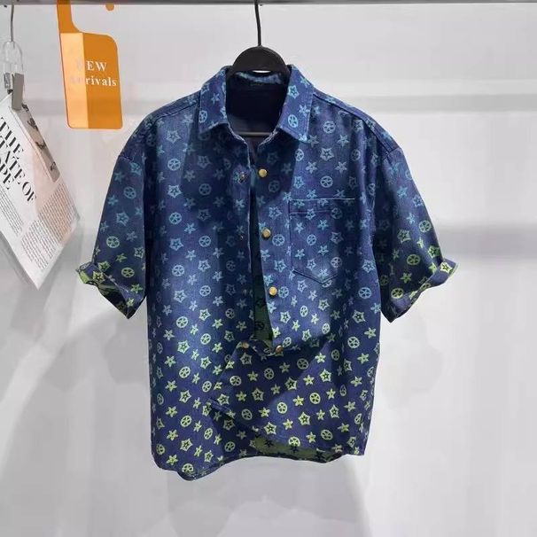 Men's Summer Fashion Loose Fit Gradient Rainbow Floral Denim Short Sleeve Shirt Trendy Casual Style For Men_mkmklike.com