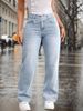 Women's Casual Light Blue Washed Overlap Waist Loose Straight Leg Jeans Denim Pants_mkmklike.com