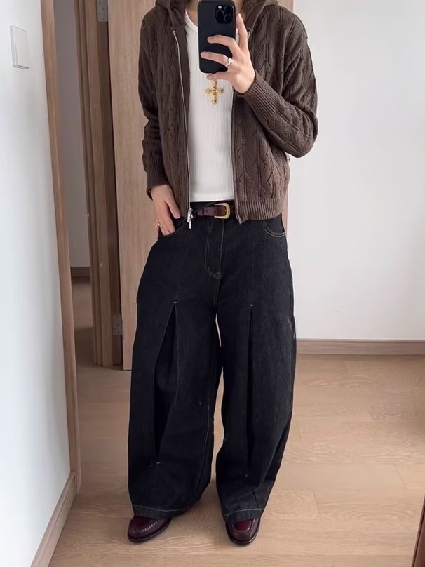 High-end Pleated Wrinkled Denim Black Scimitar Jeans For Men Slim Fit Casual Couple Sickle Pants_mkmklike.com