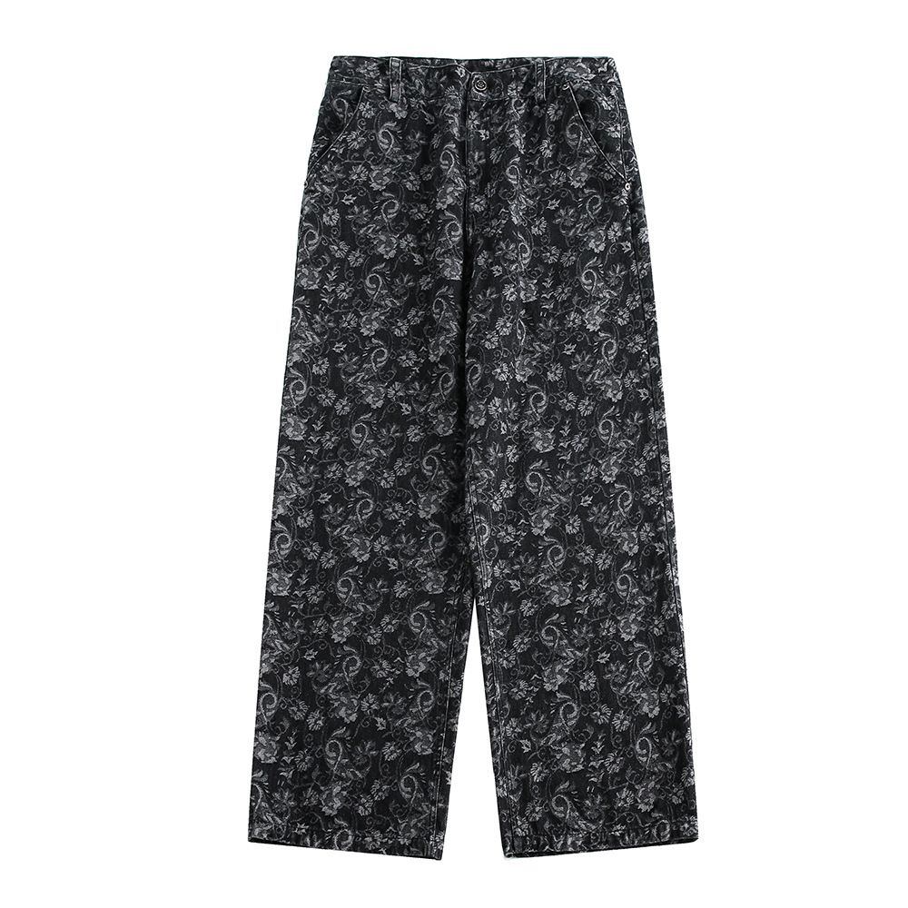 Full Print Dark Floral Casual Straight Long Pants Unisex Street Fashion Design Sense Niche Loose Jeans_mkmklike.com