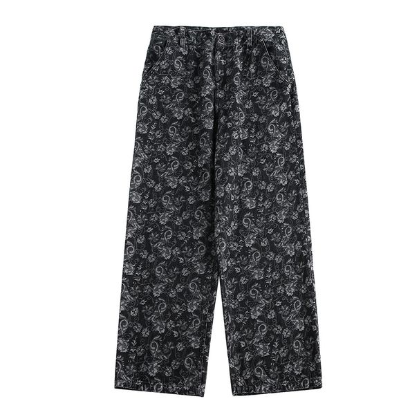 Full Print Dark Floral Casual Straight Long Pants Unisex Street Fashion Design Sense Niche Loose Jeans_mkmklike.com