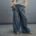 Vintage Wash High Waist Wide Leg Jeans For Women - Distressed Denim Pants With Medium Stretch, Comfortable Cotton Blend, Streetwear Fashion_mkmklike.com