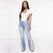 Women's Distressed High Waist Bootcut Jeans - Light Blue Stretch Denim Pants With Raw Hem Detail, Plus Size Available_mkmklike.com