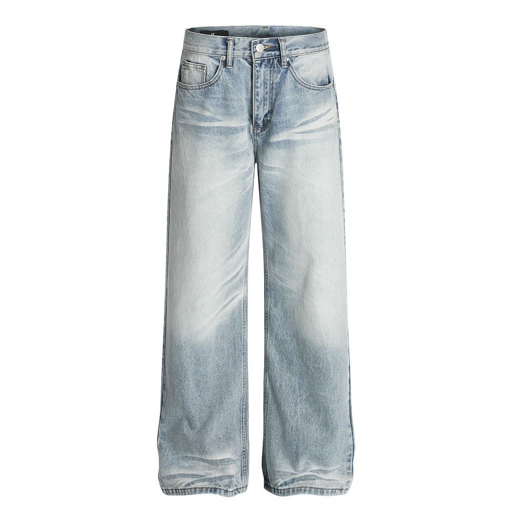 Heavy-duty Washed Gradient Jeans For Men High Street Punk Distressed Frayed Water Ripple Loose Straight Long Pants_mkmklike.com