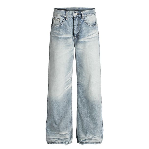 Heavy-duty Washed Gradient Jeans For Men High Street Punk Distressed Frayed Water Ripple Loose Straight Long Pants_mkmklike.com