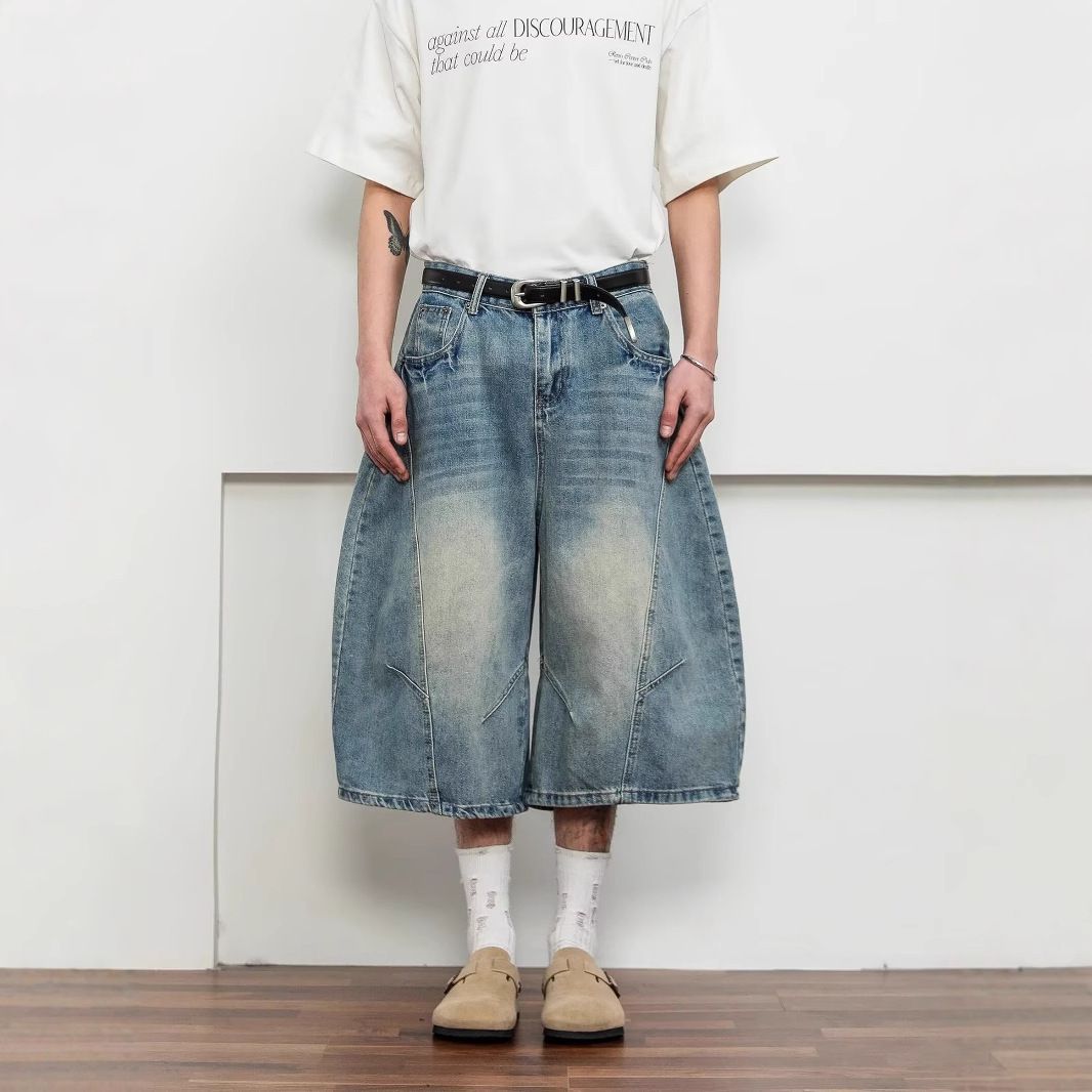 Men's Clothing Unisex Retro Washed Scimitar Cropped Jeans American Street Style Loose Wide Leg Hip Hop Shorts_mkmklike.com