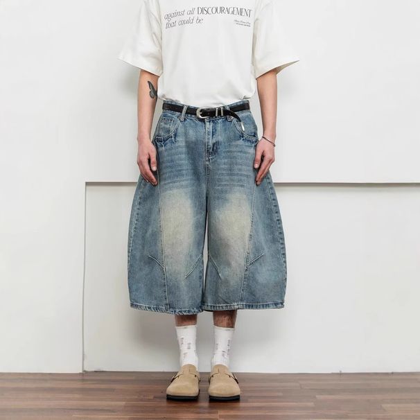 Men's Clothing Unisex Retro Washed Scimitar Cropped Jeans American Street Style Loose Wide Leg Hip Hop Shorts_mkmklike.com
