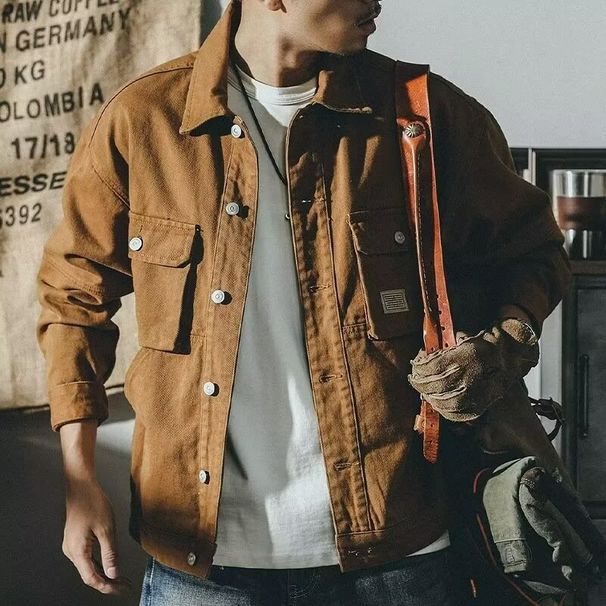 Retro Workwear Jacket For Men, Casual Loose Fit With Plush And Thick Denim Jacket_mkmklike.com
