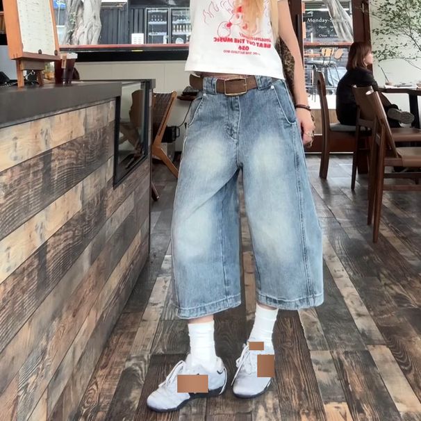 Men’s Clothing Large Size Vibe Washed Old Machete Denim Cropped Pants Women's Street Loose Slim Wide Leg Mid Length Pants Trend_mkmklike.com