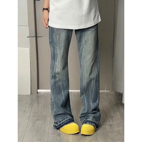Vintage Blue Cat-Claw Jeans – Men’s High-Waisted Flared Denim Pants For Tall Figures (Streetwear Staple, Button Fly, Mid-Rise, Distressed Detailing)_mkmklike.com