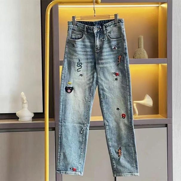 Men's Clothing Fashionable Embroidered Jeans High Street Slim Fit Slim Fit Embroidered Jeans - Stylish High Street Denim Pants With Artistic Details_mkmklike.com