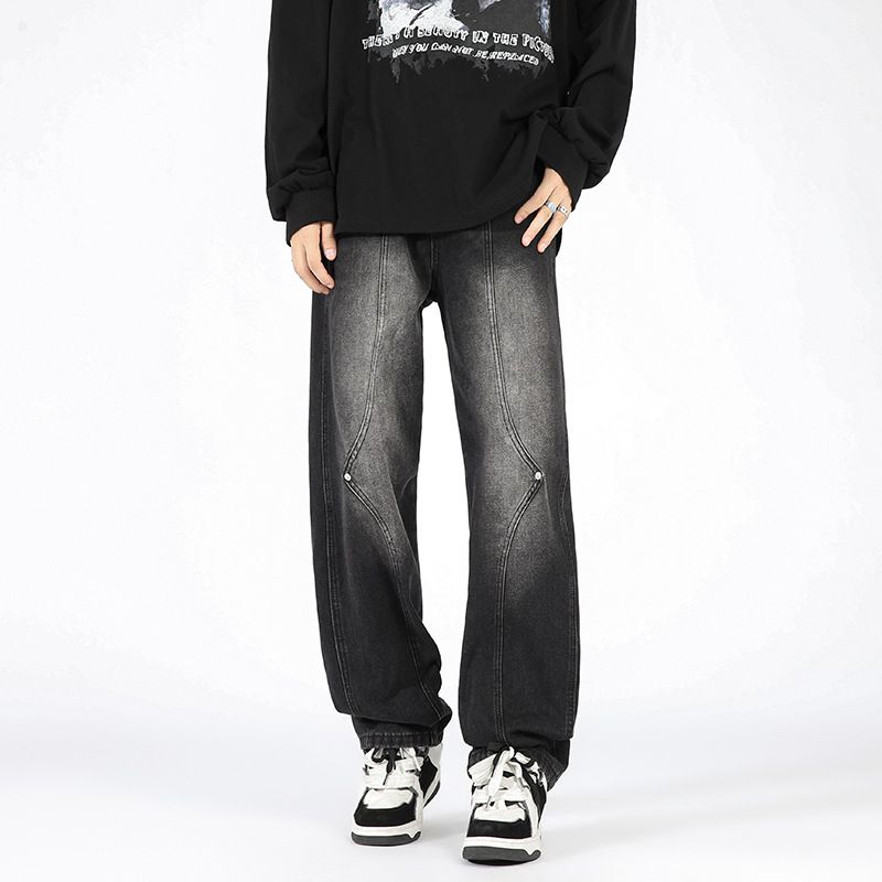 Suitable For All Seasons LKTM Men's Fashion#Trendy Brand Patchwork Beaded Jeans For Men Vibe Design Loose Straight Long Pants_mkmklike.com
