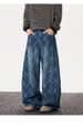 Retro Patchwork Plaid Jeans – Distressed Straight-Leg Denim Pants With Blade Motif (S-3XL)_mkmklike.com