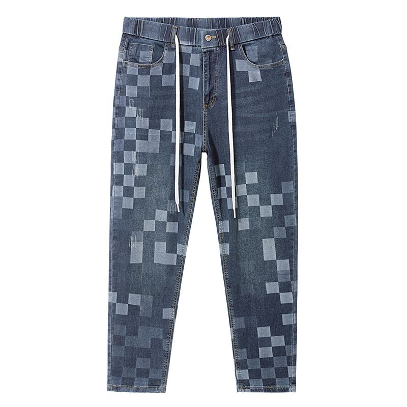 Large Size Men's Checkerboard Elastic Jeans Men's Trendy Brand Multi-functional Drawstring Jeans Men's Small Straight Pants_mkmklike.com