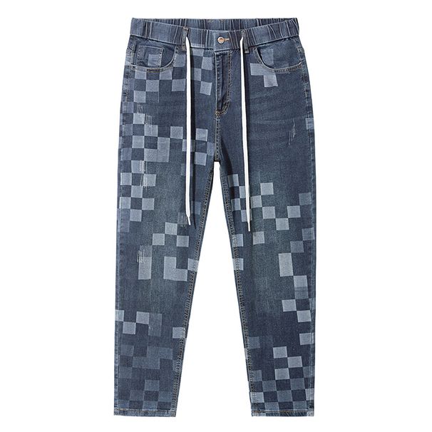 Large Size Men's Checkerboard Elastic Jeans Men's Trendy Brand Multi-functional Drawstring Jeans Men's Small Straight Pants_mkmklike.com
