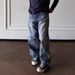 Men's Retro Straight-Leg Jeans - Honeycomb Distressed Denim Pants With Heavy Vintage Wash, Slim Fit Classic Workwear Style For Casual Wear_mkmklike.com