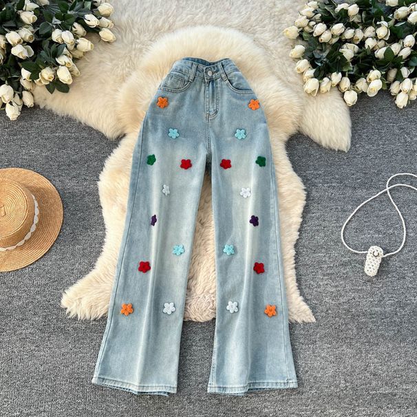 "Women's High Waisted Floral Embroidered Jeans – Light Blue Loose Fit Wide Leg Denim Pants For Petite & Curvy"_mkmklike.com
