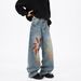 Men's Trendy High Street Style Washed Distressed Printed Graffiti Jeans Loose Straight Leg Wide Leg Pants For Spring Autumn_mkmklike.com