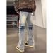 Light Blue Lightning Wash Ripped Jeans Straight Leg Trousers Men's Cleanfit High Street Style Vibe Pants_mkmklike.com