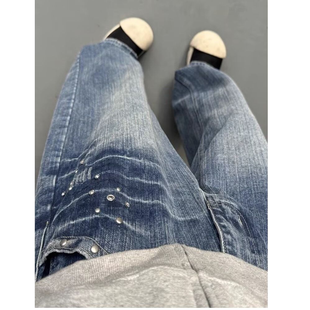 Men's Clothing Trousers Youth Trend Spring And Autumn Denim Zipper Retro Rivet Washed Lightning Straight Jeans Regular_mkmklike.com