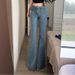 Women's Light Blue Washed Distressed Flared Jeans With Rhinestones, High-waisted, Slim-fit, Floor-length Trousers For_mkmklike.com