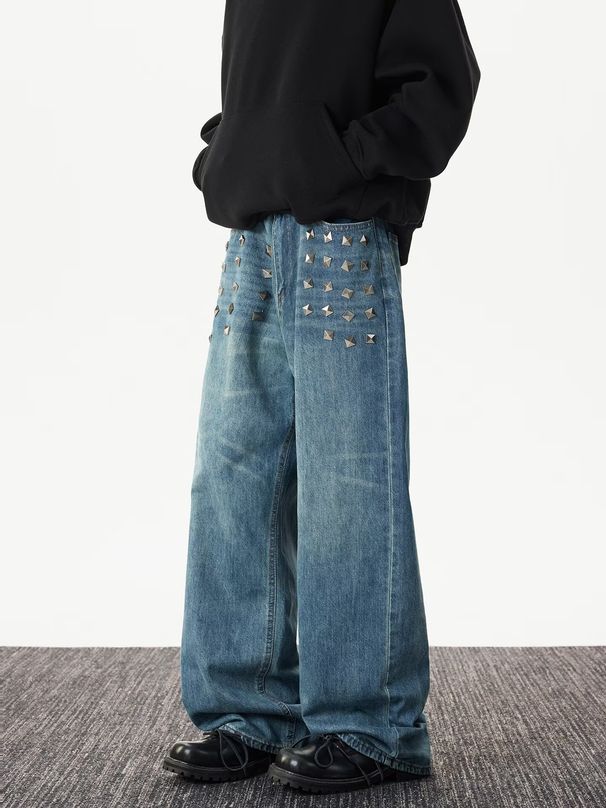 Vintage High-Waisted Distressed Jeans – Retro Wide Leg Denim Pants With Studded Details_mkmklike.com