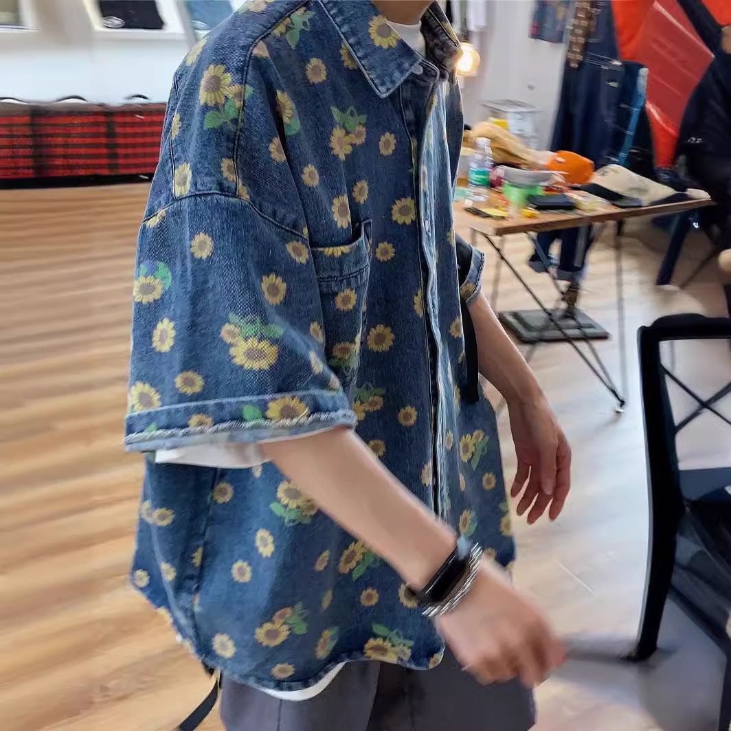 Men's Clothing Retro Distressed Denim Shirt Summer Full Print Daisy Washed Shirt Trendy Loose Short Sleeve Top_mkmklike.com