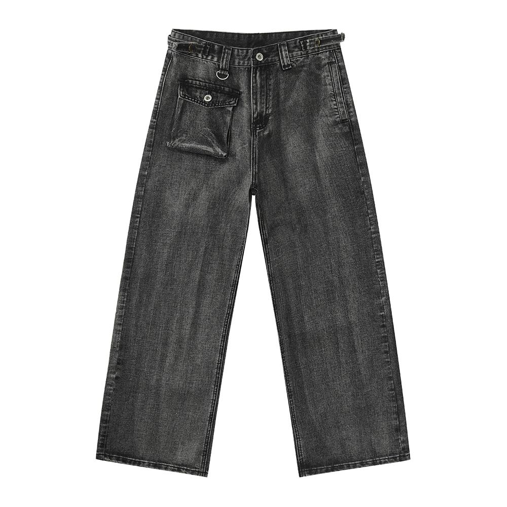 Men's Asymmetrical Pocket Detail Jeans – Raw Hem Straight-Leg Denim Pants With Contrast Stitching & Minimalist Patchwork (S-XL, Mid-Rise, Zip Fly)_mkmklike.com