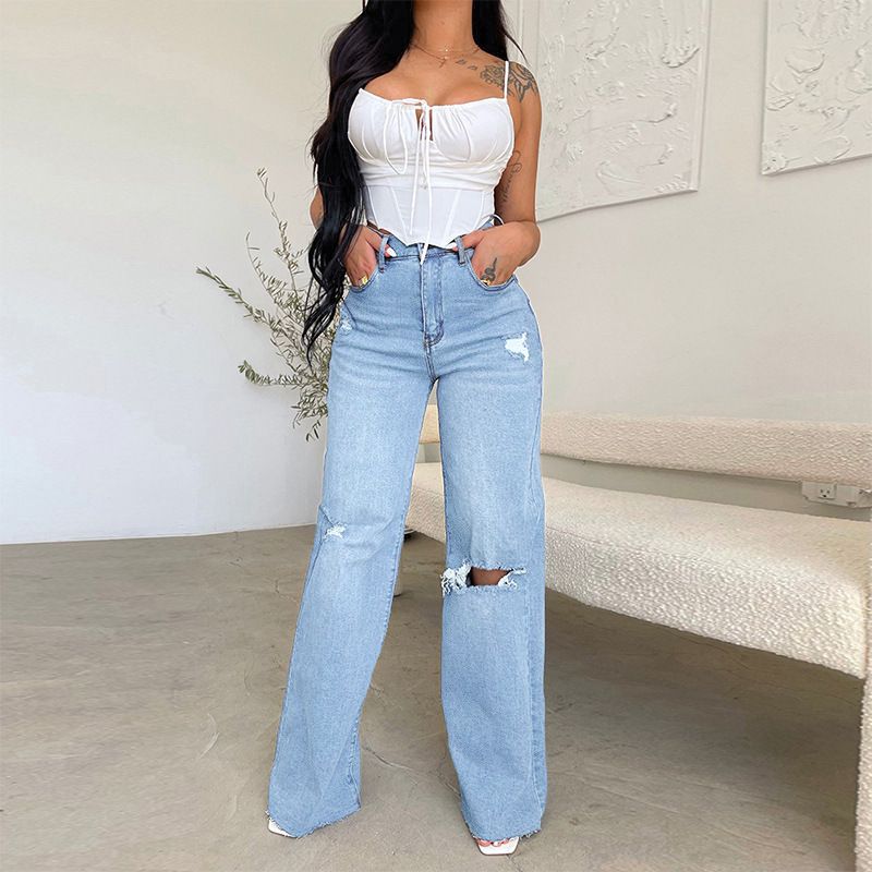 Women's Clothing Jeans Long High Waist Hot Sale Raw Edge Holes Comfortable Denim Wide Leg Pants_mkmklike.com