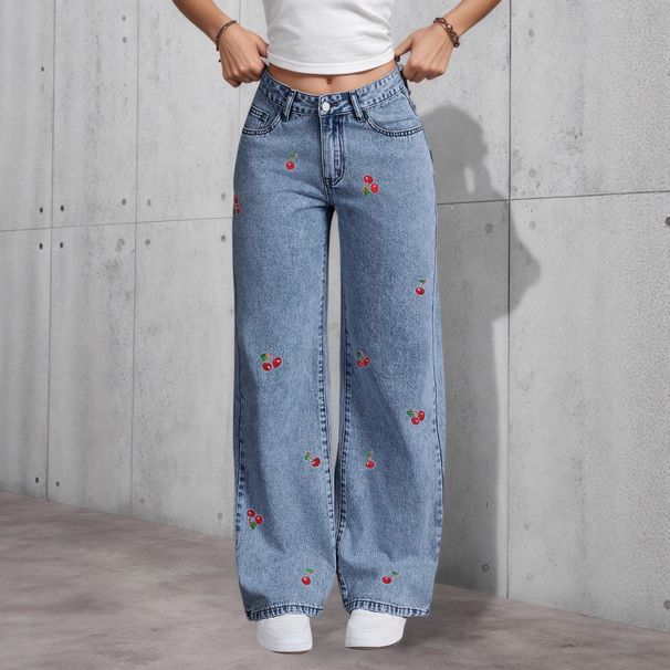 Women's Vintage Wash Embroidered Jeans European American Style Smoky Gray Distressed Stretch Red Cherry Denim Trousers_mkmklike.com