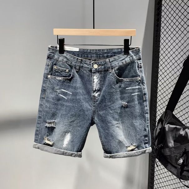 Blue Treny Personalize Zipper Splicing Slim Fit Rippe Enim Shorts For Men's Youth Summer New Five Quarter Pants_mkmklike.com