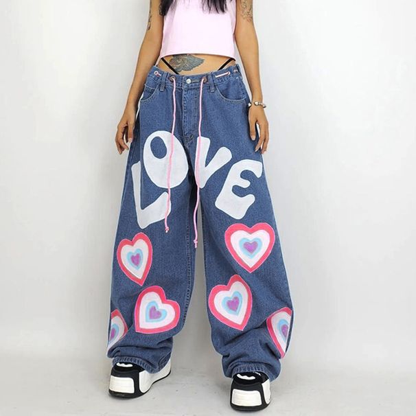 girl contrast color love graffiti print loose jeans mopping wide leg pants_mkmklike.com