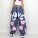 girl contrast color love graffiti print loose jeans mopping wide leg pants_mkmklike.com