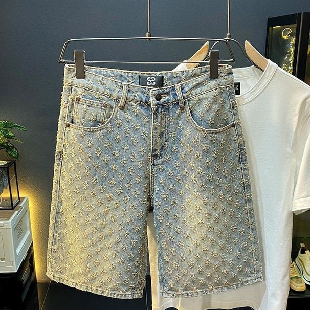 Men's American Style New Denim Shorts For Men's Summer Loose Straight Tube Perforated Jacquard High-end Five Point Pants_mkmklike.com